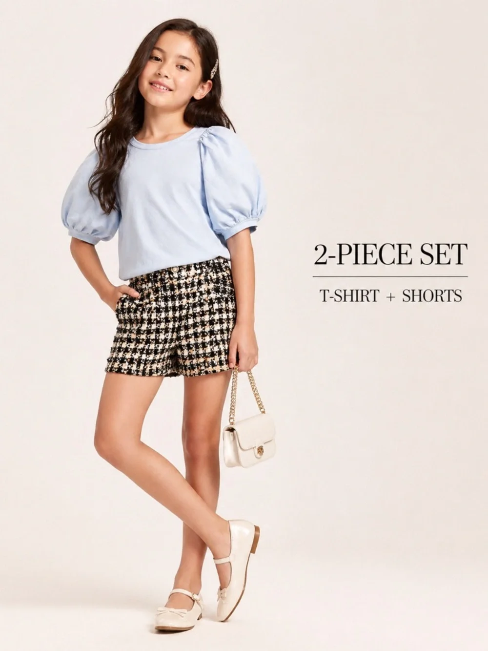 A Loves A Girls 2 Piece Set Blue Puff Top Black Sequin Tweed Shorts Size L 10-12